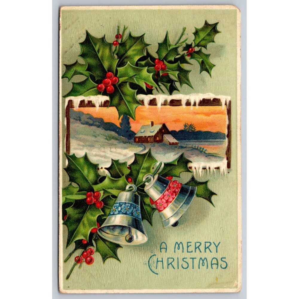 1908 Vtg Christmas Postcard Embossed Holly & Bells Snow Scene Newark DE Posted